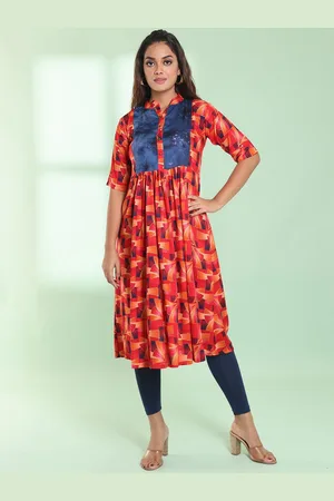 Charukriti Geometric Printed Mandarin Collar Patchwork Anarkali Kurta