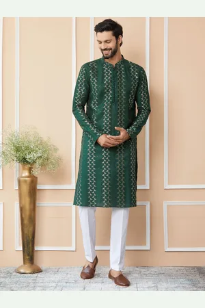 See Designs Mandarin Collar Ethnic Motifs Printed Thread Work Chanderi Silk Kurta