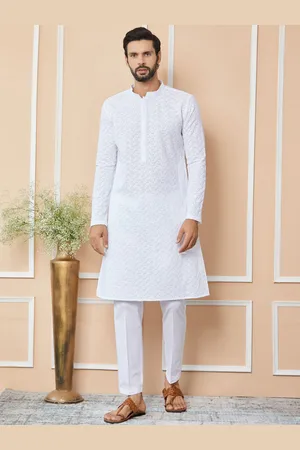 See Designs Mandarin Collar Floral Printed Cotton Thread Work Straight Kurta