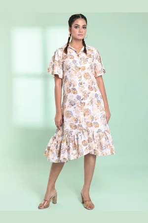 Charukriti Shirt Collar Floral Printed Cotton A-line Midi Dress