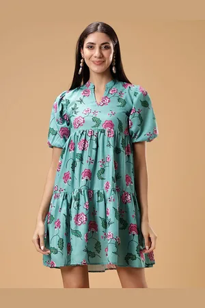 Bani Women Floral Print Mandarin Collar Puff Sleeves Tiered A-Line Dress