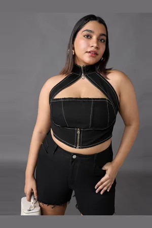FREAKINS Women Halter Neck Cotton Denim Crop Top