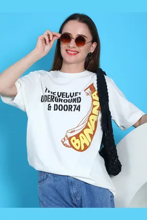 DOOR74 Women Round Neck Typography Printed Oversized Cotton T-shirt