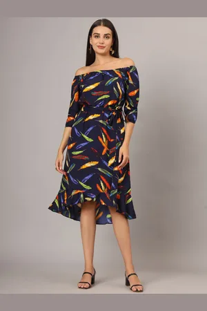 BRINN Print Off-Shoulder A-Line Midi Dress