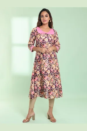 Charukriti Floral Printed Peter Pan Collar Three-Quarter Sleeves A-Line Kurta