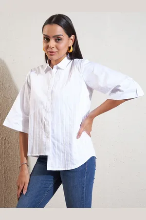 DENNISON Women Pin Tucks Solid Spread Collar Cotton Smart Casual Shirt