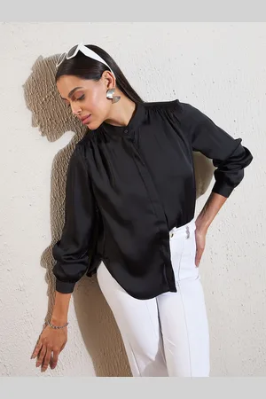 DENNISON Women Gathers Mandarin Collar Smart Casual Shirt