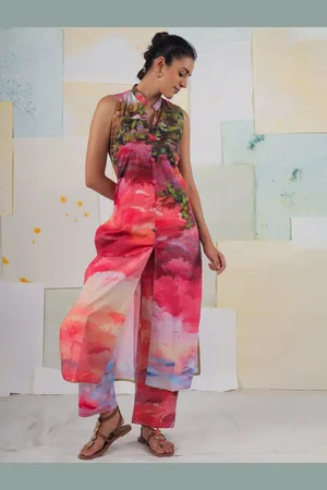 BUTA BUTI Clouds Scape Abstract Printed Mandarin Collar Pure Cotton Tunic With Trousers