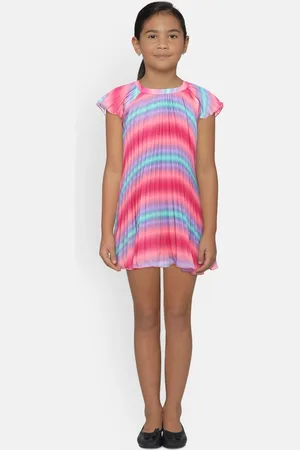 Benetton Girls Pink & Blue Tie & Dye Print Accordion Pleat A-Line Dress