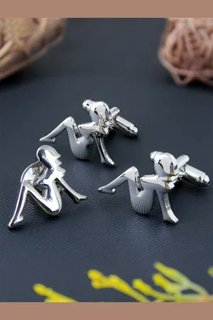 PELUCHE Unisex Silver Toned Rhodium Plated Sexy Diva Cufflink & Lapel Pin Gift Set