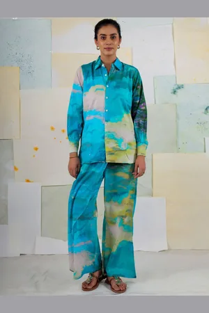 BUTA BUTI Evanthe Abstract Printed Spread Collar Pure Cotton Shirt With Palazzos
