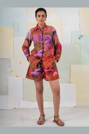 BUTA BUTI Wild Wood Scape Floral Printed Spread Collar Pure Cotton Shirt With Shorts