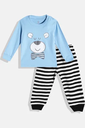TINYO Infant Boys Blue & Black Pure Cotton T-shirt with Striped Trousers