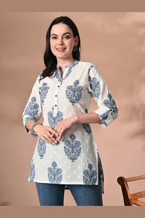 Cayman Print Mandarin Collar Roll-Up Sleeves Cotton Top