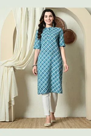 Cayman Mandarin Collar Short Sleeves Geometric Printed Pure Cotton Straight Kurta