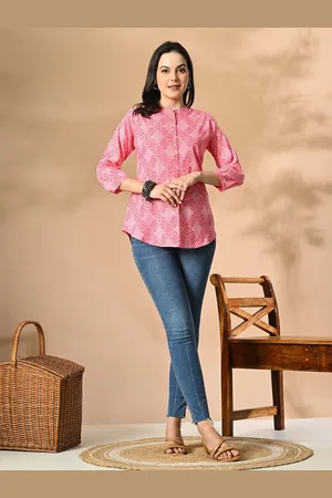 Cayman Print Mandarin Collar Cotton Top