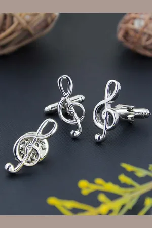 PELUCHE Unisex Silver-Toned Symbol of Music Cufflink & Lapel Pin Gift Set