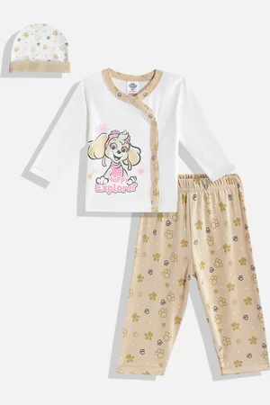 TINYO Infant Girls White & Camel Brown Paw Patrol Print Pure Cotton Jhabla with Trousers