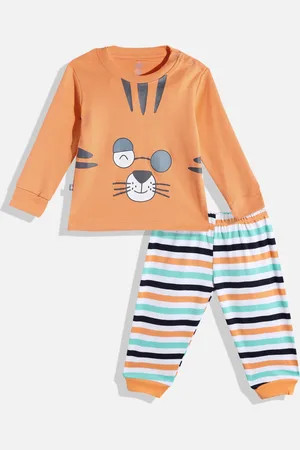 TINYO Infant Boys Orange & White Printed Pure Cotton T-shirt with Striped Trousers