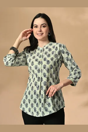 Cayman Print Mandarin Collar Cotton Styled Back Top