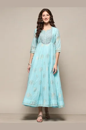 Biba Floral Printed Notched Neck A-Line Blue Maxi Dress For Women