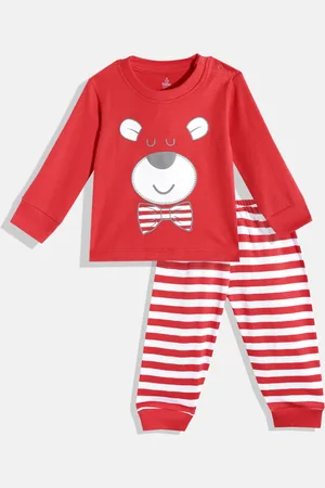 TINYO Infant Boys Red & White Printed Pure Cotton T-shirt with Trousers
