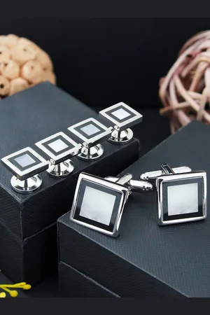 PELUCHE Unisex Blue & Black Mother Of Pearl Studded Cufflink & Stud Gift Set