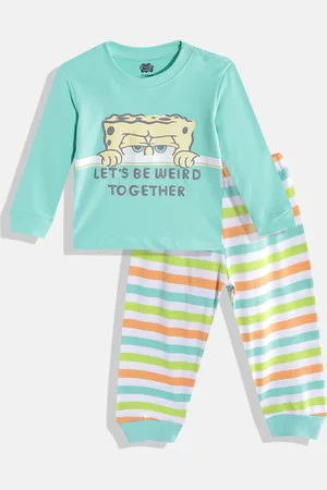 TINYO Boys Green & White Pure Cotton Graphic Printed T-shirt with Pyjamas