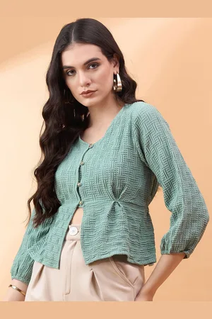 all about you Self Design V-Neck Cinched Waist Crop Top
