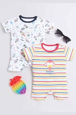 BUMZEE Infant Boys Pack Of 2 Printed Pure Cotton Rompers