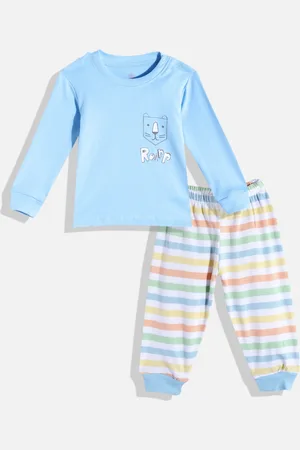 TINYO Infant Boys Blue & White Printed Pure Cotton T-shirt with Striped Trousers
