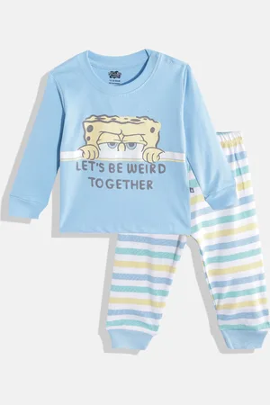 TINYO Boys Blue & White Pure Cotton Graphic Printed T-shirt with Pyjamas