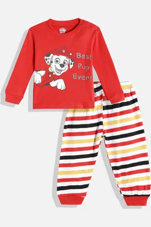 TINYO Infant Boys Red & White Printed Pure Cotton T-shirt with Striped Trousers