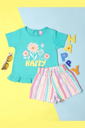 V-Mart Girls Printed Top with Striped Skirt