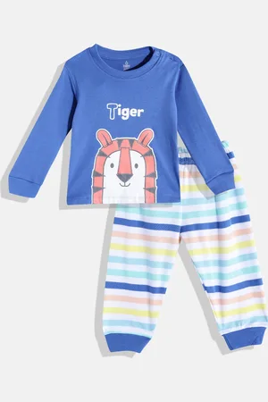 TINYO Infant Boys Blue & White Printed Pure Cotton T-shirt with Trousers