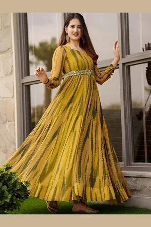Kedar Fab Tie & Dye Printed Sweetheart Neck Fit & Flare Maxi Ethnic Dress