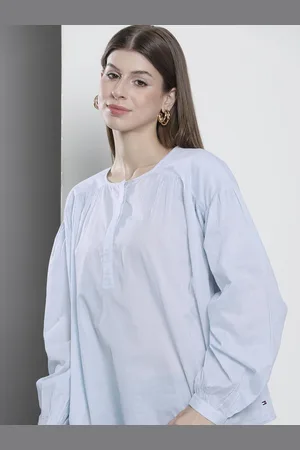 Tommy Hilfiger Solid Drop-Shoulder Sleeves Gathered Or Pleated Indigo Pure Cotton Top