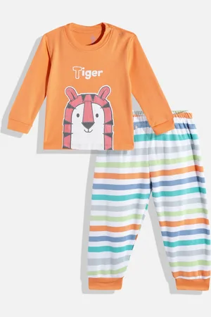 TINYO Infant Boys Orange & White Printed Pure Cotton T-shirt with Striped Trousers