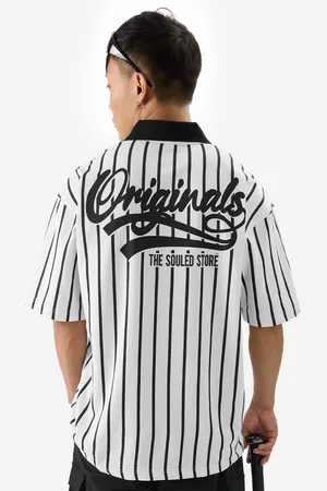 The Souled Store Men Striped Polo Collar Oversized Pure Cotton T-shirt