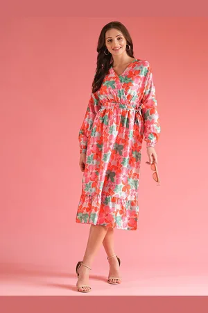 Globus Red Floral Print Satin Tie-Ups Midi Dress