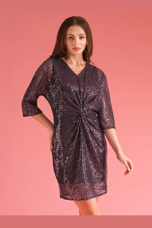 Globus V-Neck Extended Sleeves Twisted Detail Sequinned Mini Sheath Party Dress