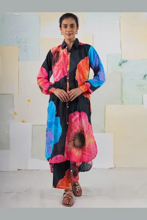 BUTA BUTI Floral Printed Shirt Collar Regular Pure Cotton Straight Kurta With Trousers