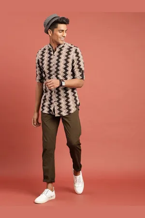 Taavi Men Brown Hand Block Print Legacy Casual Shirt with Roll-Up Sleeves