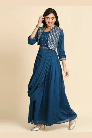MADHURAM Embroidered Silk Satin Fit & Flare Maxi ethnic Dress With Jacket & Belt