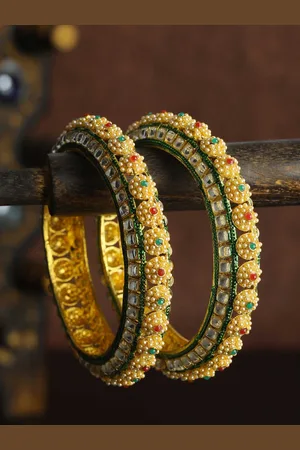 Priyaasi Set Of 2 Gold-Plated White & Yellow Kundan Studded & Pearls Beaded Bangles