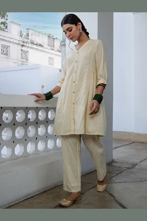 Janasya Self-Design Cuffed Sleeves Pure Cotton A-Line Tunic With Trouser