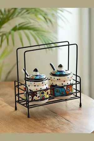ExclusiveLane Set Of 2 White & Blue Jar Set With Spoons & Iron Caddy-280 ml