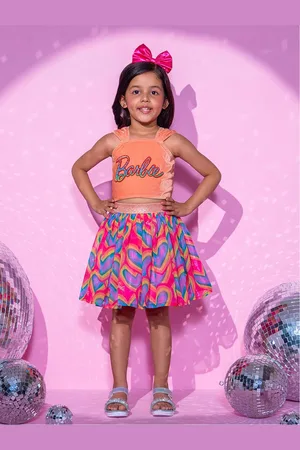 LIL DRAMA Girls Barbie Printed Shoulder Straps Top with Skirt