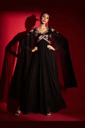 MADHURAM Floral Embroidered Cape Sleeves Gathered Maxi Ethnic Dress