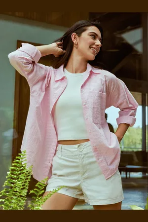 Bombay High Women Oversized Yarn Dyed High Low Hem Striped Shirt